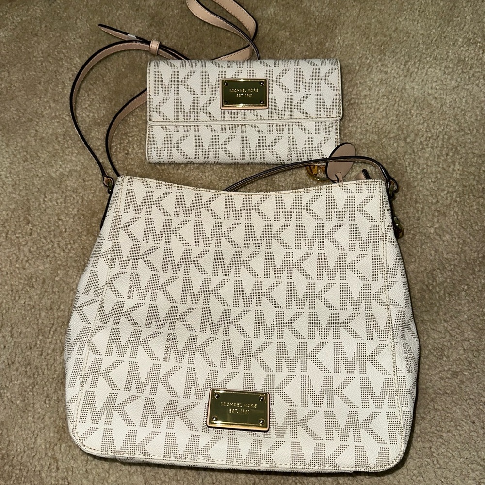 Michael Kors Cream and Gray Monogram Bag and Wallet